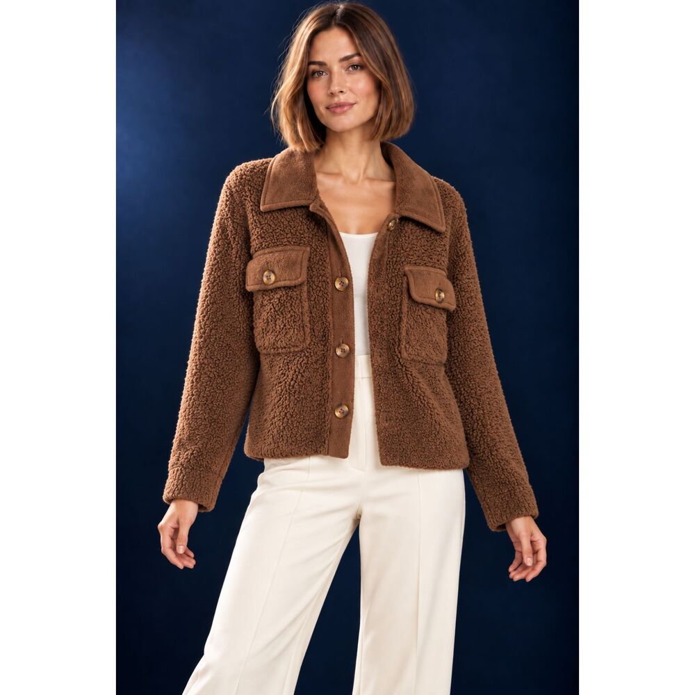 Hippie Rose XL Brown Teddy Sherpa Shacket Button Front Collared Jacket